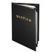 A black leather Menu Solutions booklet with 6 views on the cover with gold text.