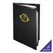 A black Menu Solutions Chadwick Collection leather-like menu book with gold logo on it.