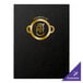 A black leather-like Menu Solutions Chadwick Collection menu cover with a white logo on it.