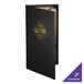 A black leather-like Menu Solutions booklet cover with a gold logo on it.