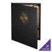 A black leather-like Menu Solutions Chadwick menu cover with a gold logo on it.