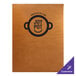A brown Menu Solutions Bella Collection menu cover with a logo of a pot on it.