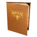 A brown leather Menu Solutions Bella Collection menu cover with a logo on it.