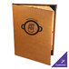 A brown leather Menu Solutions Bella Collection menu cover with a black logo.
