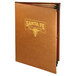 A brown leather Menu Solutions Bella Collection menu cover with a logo on it.