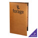 A brown leather Menu Solutions booklet with a logo on the cover.