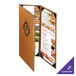 A brown Menu Solutions Bella Collection menu cover.