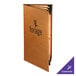 A brown leather Menu Solutions Bella Collection menu cover with black text.