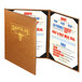 A brown leather Menu Solutions Bella menu cover with a logo.