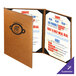 A brown Menu Solutions Bella Collection leather menu cover.