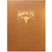 A brown leather Menu Solutions Bella Collection menu cover with a logo on a table.