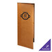 A brown leather Menu Solutions Bella Collection menu cover with black customization on a table.