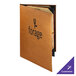 A brown Menu Solutions leather-like booklet cover with a logo on it.