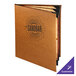 A brown leather Menu Solutions Bella Collection menu cover with black text on it.