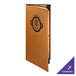 A brown Menu Solutions Bella Collection leather-like booklet menu cover with a black logo on the front.