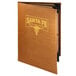 A brown leather Menu Solutions booklet cover with gold text on a table.