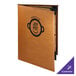 A brown Menu Solutions Bella Collection leather menu cover with a black and red logo.