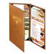 A brown Menu Solutions Bella menu cover with a menu inside.