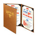 A brown leather menu cover with a customizable logo.