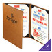 A brown Menu Solutions Bella menu cover with white paper inside.