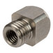 A close-up of a stainless steel threaded nut with a square head.