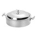 An Eastern Tabletop mirrored stainless steel pot with lid and double handles.