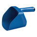 A blue plastic scoop with a handle in front of a white background.