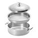 An Eastern Tabletop hammered stainless steel induction pot with a lid and double handles.