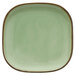A square celadon porcelain plate with a brown edge.