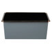 A black rectangular metal loaf pan with a black rim.