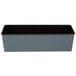 A rectangular metal loaf pan with a black rim and lid.