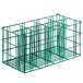 A wire rack with eight compartments for flatware with white plastic cylinders inside.