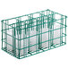 A wire flatware rack with white plastic cylinders in it.