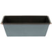 A rectangular metal loaf pan with a black rim.