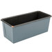 A rectangular steel loaf pan with black trim.