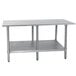 A stainless steel Advance Tabco work table with a galvanized undershelf.