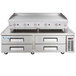 A Cooking Performance Group stainless steel gas countertop griddle with manual controls over a refrigerated chef base with drawers.