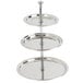 An American Metalcraft stainless steel three tier display stand with three round trays.