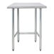 An Advance Tabco stainless steel work table with an open base and square top.