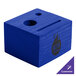 A blue wood block with holes and a logo on the surface.
