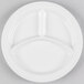 A white Tuxton china plate with three compartments.