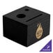 A black wooden block with a logo on it.