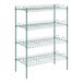 A green wire rack with four shelves.