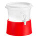 A round 3-gallon translucent beverage dispenser with a white lid, spigot, and a red base.
