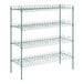 A green metal wire rack with four shelves.