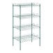 A green metal wire rack with four shelves.