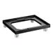 A black plastic dolly for Orbis bakery trays with white wheels.