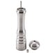 A silver stainless steel pepper mill with a black base.