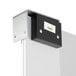 A black metal corner bracket for a traffic door.