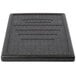 A black square Cambro lid with text on it.